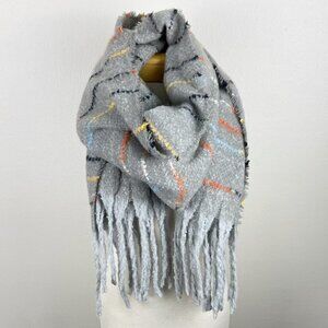 Cozy Super Soft Gray Scarf. Fuzzy striped design, fringe detail